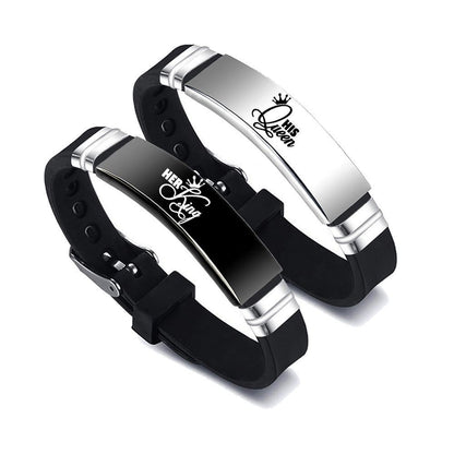 King and Queen Matching Bracelets – Stainless Steel Bangle with Adjustable Silicone Strap – Romantic Couple Gift