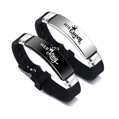 King and Queen Matching Bracelets – Stainless Steel Bangle with Adjustable Silicone Strap – Romantic Couple Gift