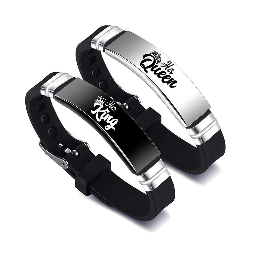 King and Queen Matching Bracelets – Stainless Steel Bangle with Adjustable Silicone Strap – Romantic Couple Gift