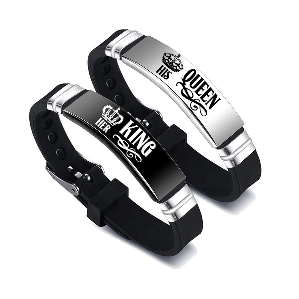 King and Queen Matching Bracelets – Stainless Steel Bangle with Adjustable Silicone Strap – Romantic Couple Gift