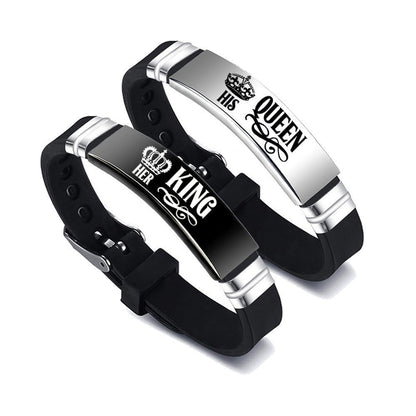 King and Queen Matching Bracelets – Stainless Steel Bangle with Adjustable Silicone Strap – Romantic Couple Gift