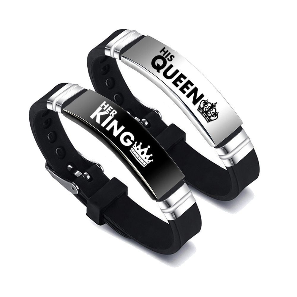 King and Queen Matching Bracelets – Stainless Steel Bangle with Adjustable Silicone Strap – Romantic Couple Gift