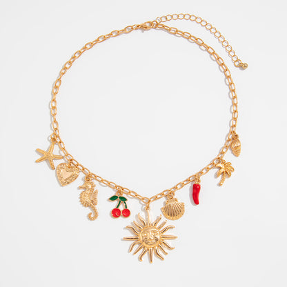 SHIXIN Classic Starfish Coconut Tree Conch Sun Pendant Necklace – Gold Color Chain Choker for Women, Summer Beach Neck