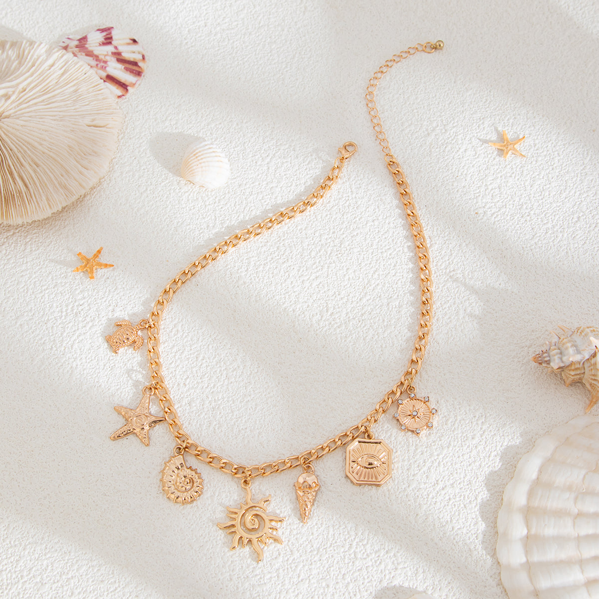 SHIXIN Classic Starfish Coconut Tree Conch Sun Pendant Necklace – Gold Color Chain Choker for Women, Summer Beach Neck