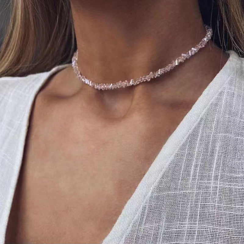 Korean Multi-Cut Glass Crystal Choker Necklace, Irregular Beaded Transparent Vintage Collar Neck Jewelry for Womens Fa