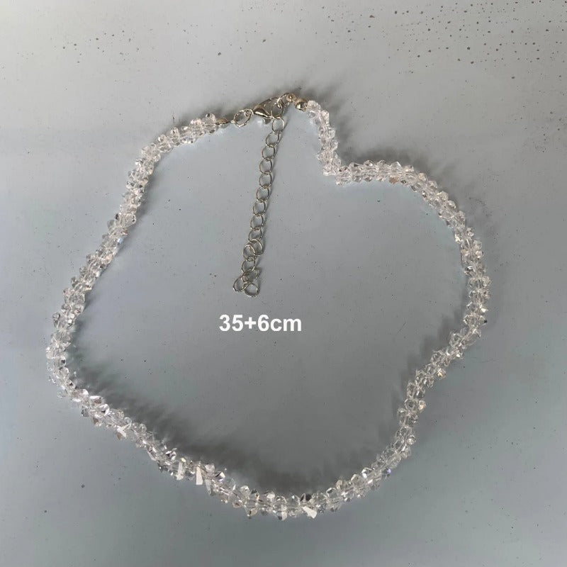 Korean Multi-Cut Glass Crystal Choker Necklace, Irregular Beaded Transparent Vintage Collar Neck Jewelry for Womens Fa