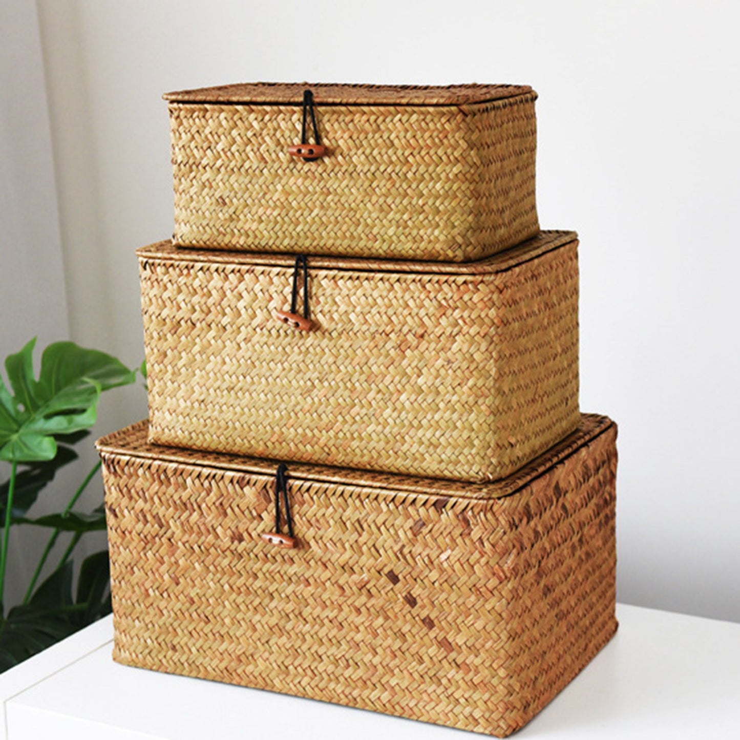 Handmade Wicker Woven Storage Box with Lid, Rattan Laundry Basket for Bath, Towels & Cosmetics Stylish Seagrass Organ