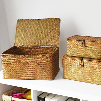 Handmade Wicker Woven Storage Box with Lid, Rattan Laundry Basket for Bath, Towels & Cosmetics Stylish Seagrass Organ