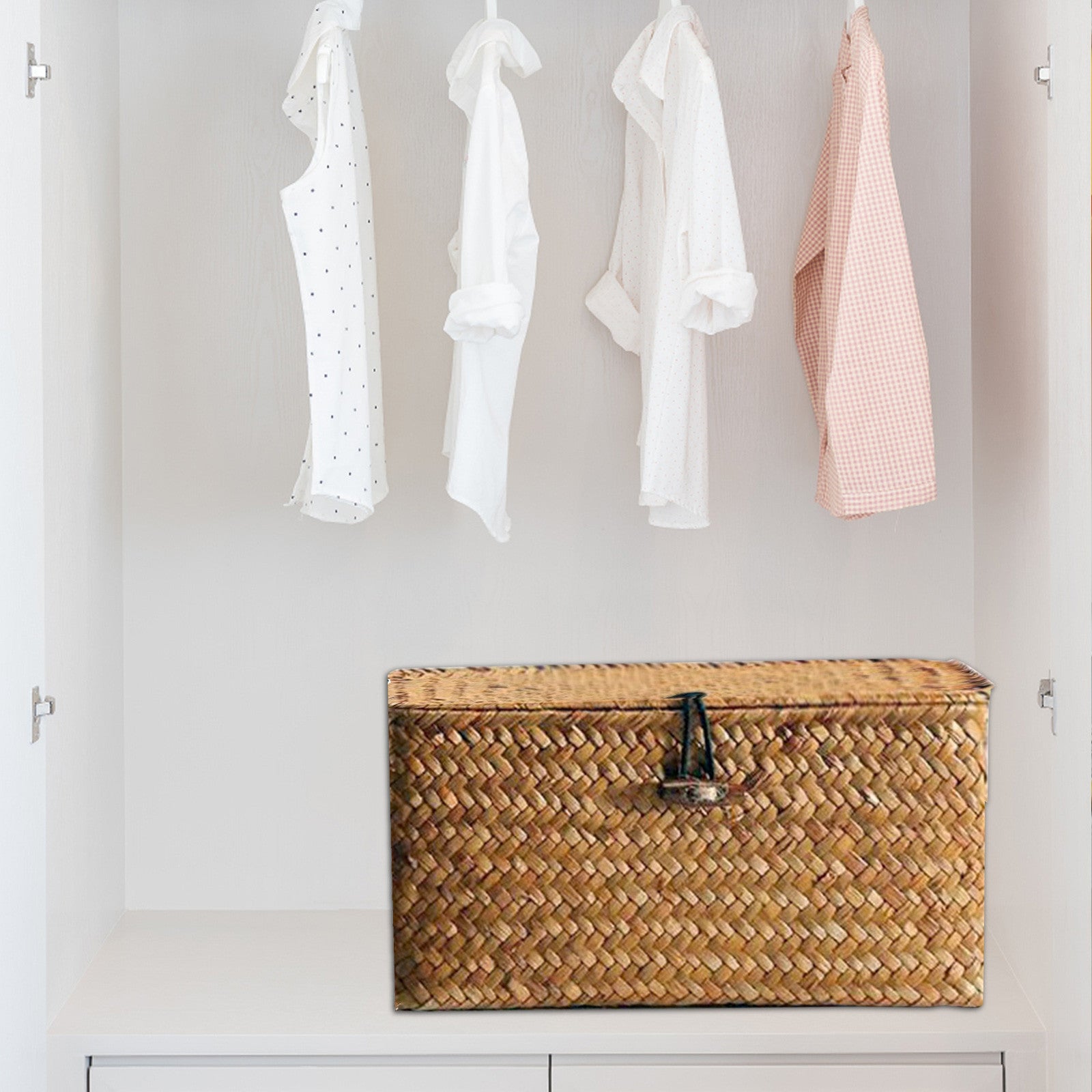 Handmade Wicker Woven Storage Box with Lid, Rattan Laundry Basket for Bath, Towels & Cosmetics Stylish Seagrass Organ