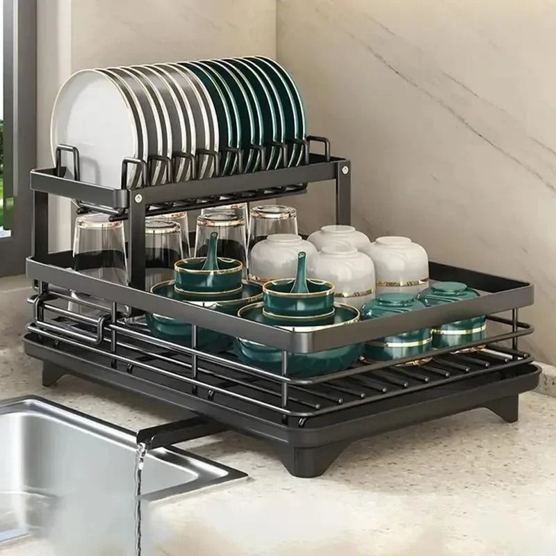 Adjustable Over Sink Dish Drying Rack with Drainboard and Cutlery Storage for Kitchen Counters