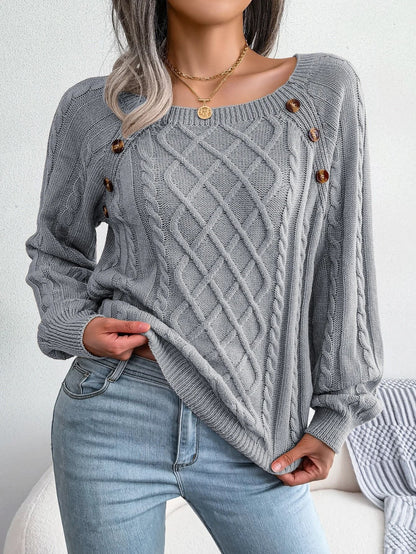 Square Neck Buttoned Knit Sweater For Women With Long Sleeves For Fall And Winter 10