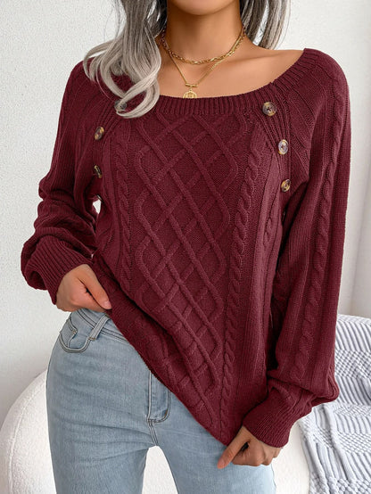 Square Neck Buttoned Knit Sweater For Women With Long Sleeves For Fall And Winter 1