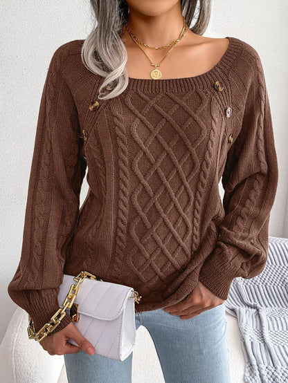 Square Neck Buttoned Knit Sweater For Women With Long Sleeves For Fall And Winter 2