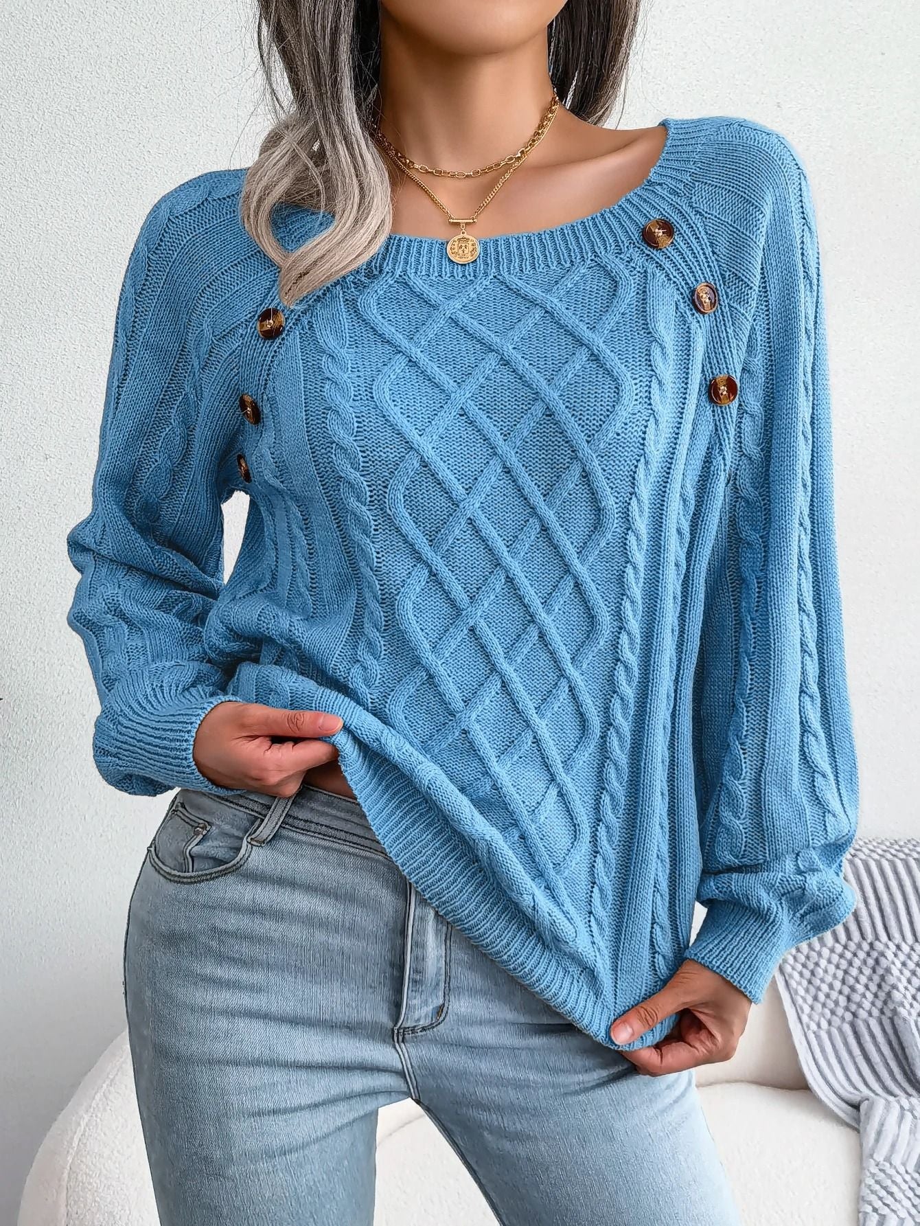 Square Neck Buttoned Knit Sweater For Women With Long Sleeves For Fall And Winter 3