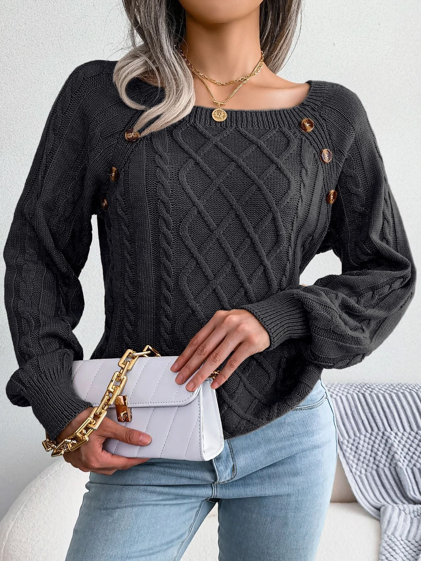 Square Neck Buttoned Knit Sweater For Women With Long Sleeves For Fall And Winter 5