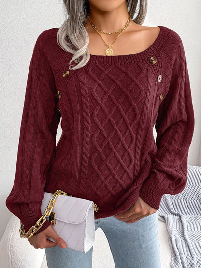 Square Neck Buttoned Knit Sweater For Women With Long Sleeves For Fall And Winter 6