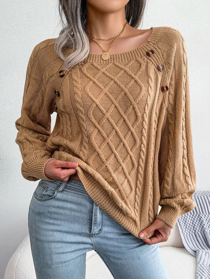 Square Neck Buttoned Knit Sweater For Women With Long Sleeves For Fall And Winter 12