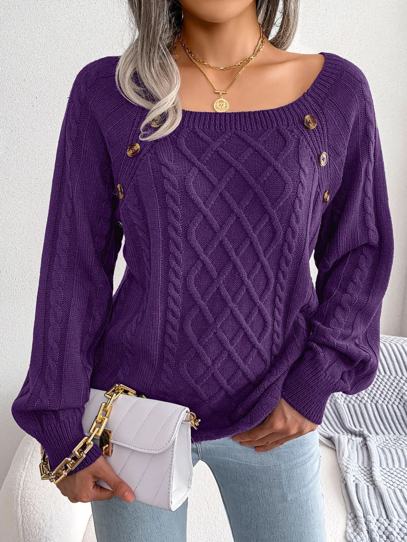 Square Neck Buttoned Knit Sweater For Women With Long Sleeves For Fall And Winter 15