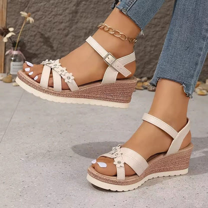 Womens Summer Wedge Sandals With Flower Detail And Ankle Strap For Comfort And Style 1