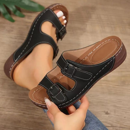 Women Wedge Sandals with Open Toe Vintage Orthopedic Support and Anti Slip Leather Sole