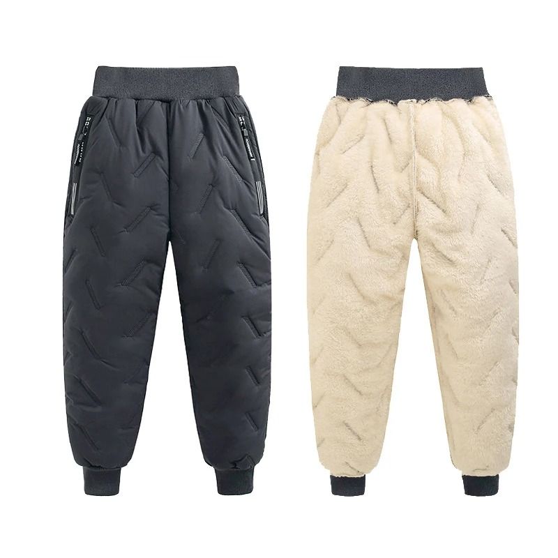 Boys Thick Fleece Cotton Winter Pants with Lamb Wool Lining for Cold Weather