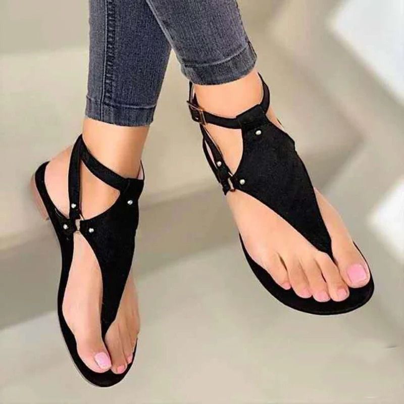 Women Flat Sandals With Belt Buckle Strap And PU Leather Design For Casual Summer Wear 6