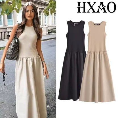 Elegant Sleeveless Long Dress for Women – 2025 Spring Fashion Casual Party Dress in Black & Khaki