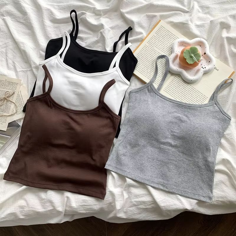 Spaghetti Strap Camisole Top For Women Padded Cotton Slim Fit Summer Tank 2