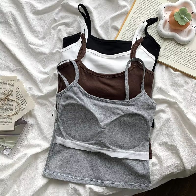 Spaghetti Strap Camisole Top For Women Padded Cotton Slim Fit Summer Tank 3