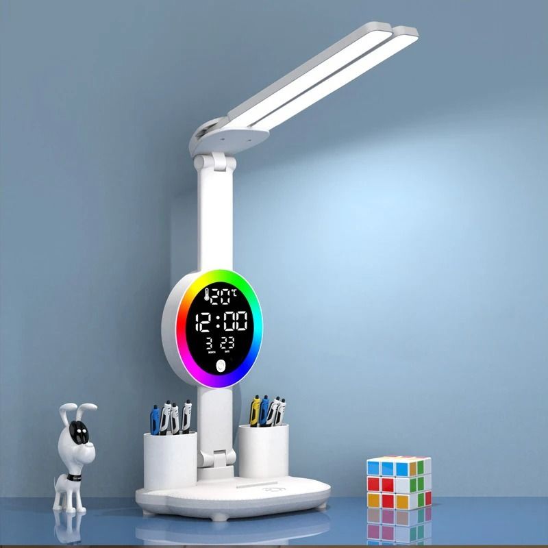 Rechargeable LED Table Lamp with Clock Display Fan and Night Light for Desk and Reading
