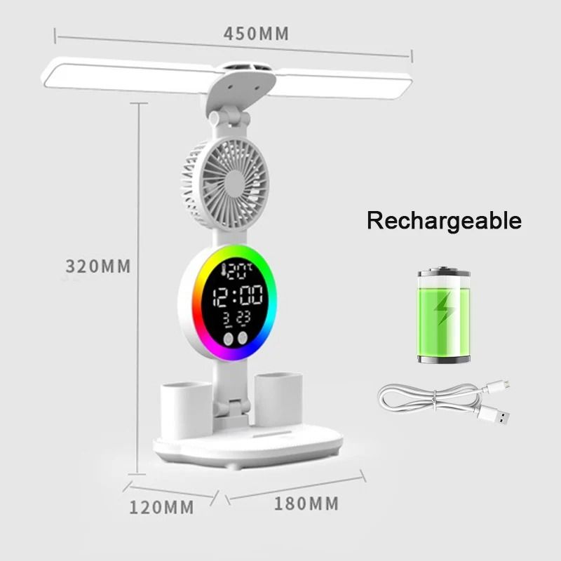 Rechargeable LED Table Lamp With Clock Display Fan And Night Light For Desk And Reading 10