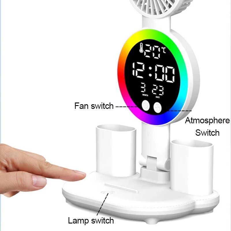 Rechargeable LED Table Lamp With Clock Display Fan And Night Light For Desk And Reading 4