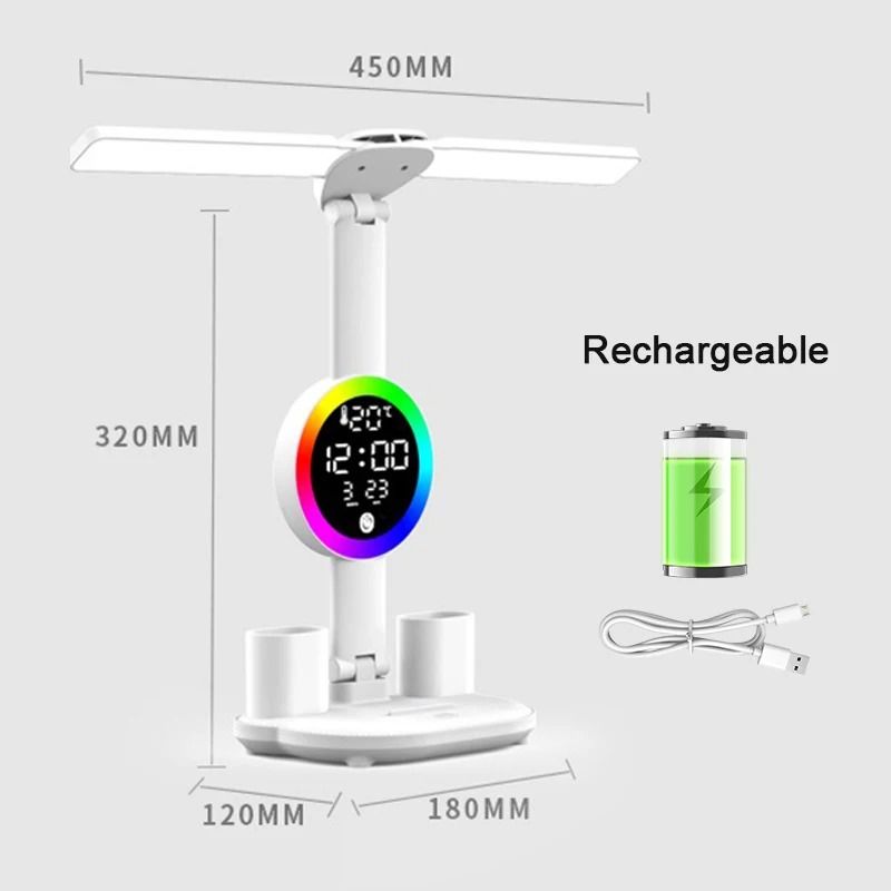 Rechargeable LED Table Lamp With Clock Display Fan And Night Light For Desk And Reading 8