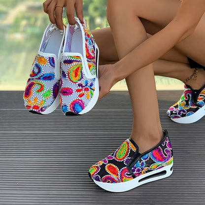 Women Slip On Platform Sneakers Embroidered Mesh Casual Walking Shoes