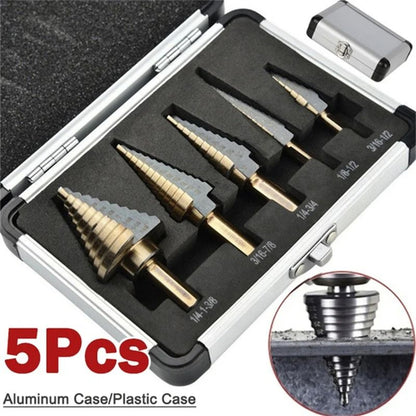 5 Piece Step Drill Bit Set with Cobalt Titanium Coating for Multi Size Hole Cutting in Metal Wood and Plastic
