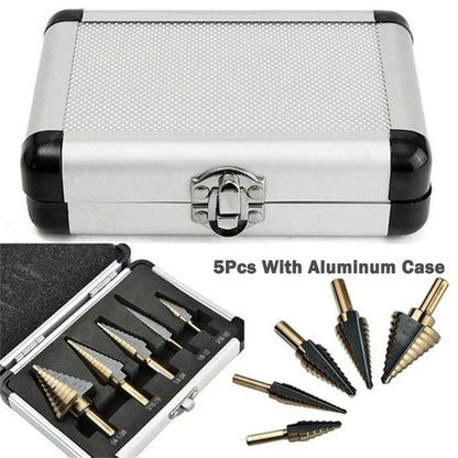 5 Piece Step Drill Bit Set With Cobalt Titanium Coating For Multi Size Hole Cutting In Metal Wood A 3