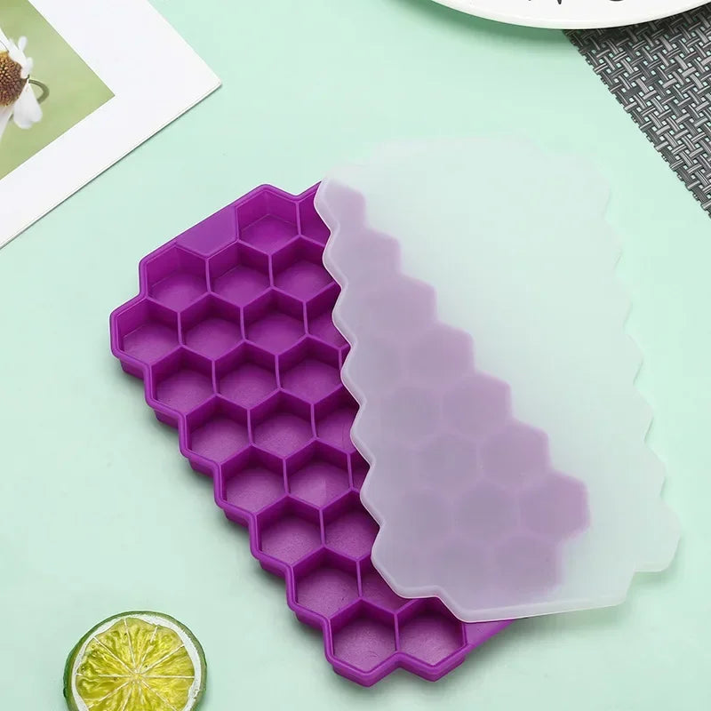 Reusable Honeycomb Ice Cube Tray Silicone Mold BPA-Free with Lid, Easy Release for Whiskey, Cocktails, Frozen Treats