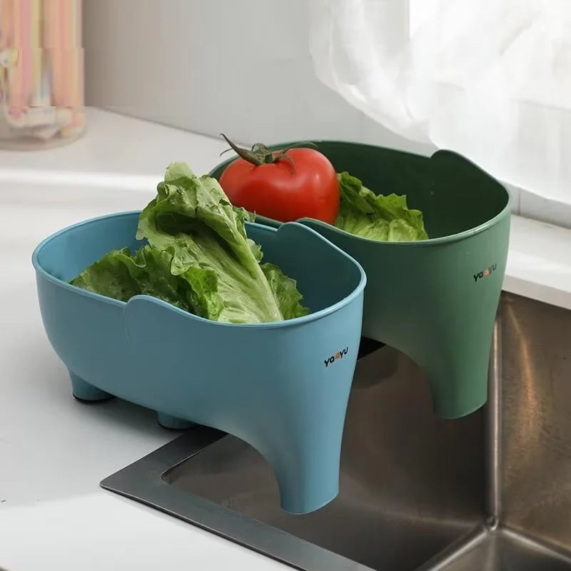 Plastic Drainage Bowl for Kitchen, Multi Functional Filter Basket, Cute Elephant Shaped Strainer Organizer