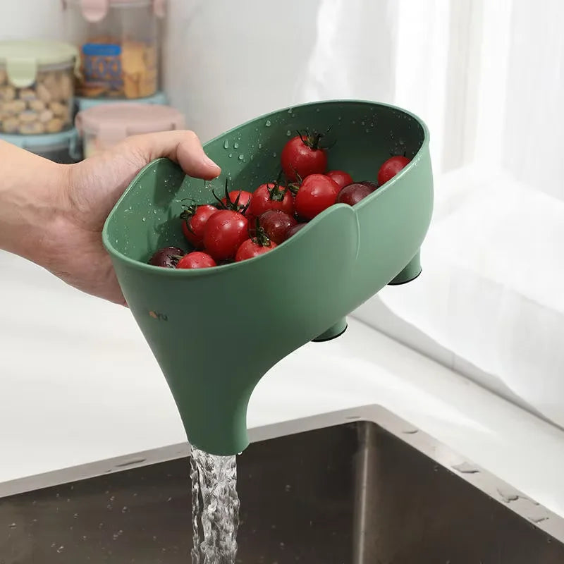 Plastic Drainage Bowl for Kitchen, Multi Functional Filter Basket, Cute Elephant Shaped Strainer Organizer