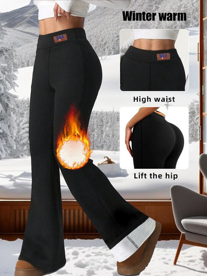 High Waist Plush Bell Bottom Warm Pants for Women Soft Thick Winter Trousers