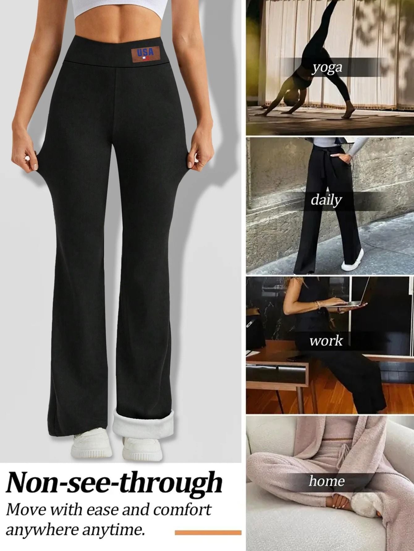 High Waist Plush Bell Bottom Warm Pants For Women Soft Thick Winter Trousers 3