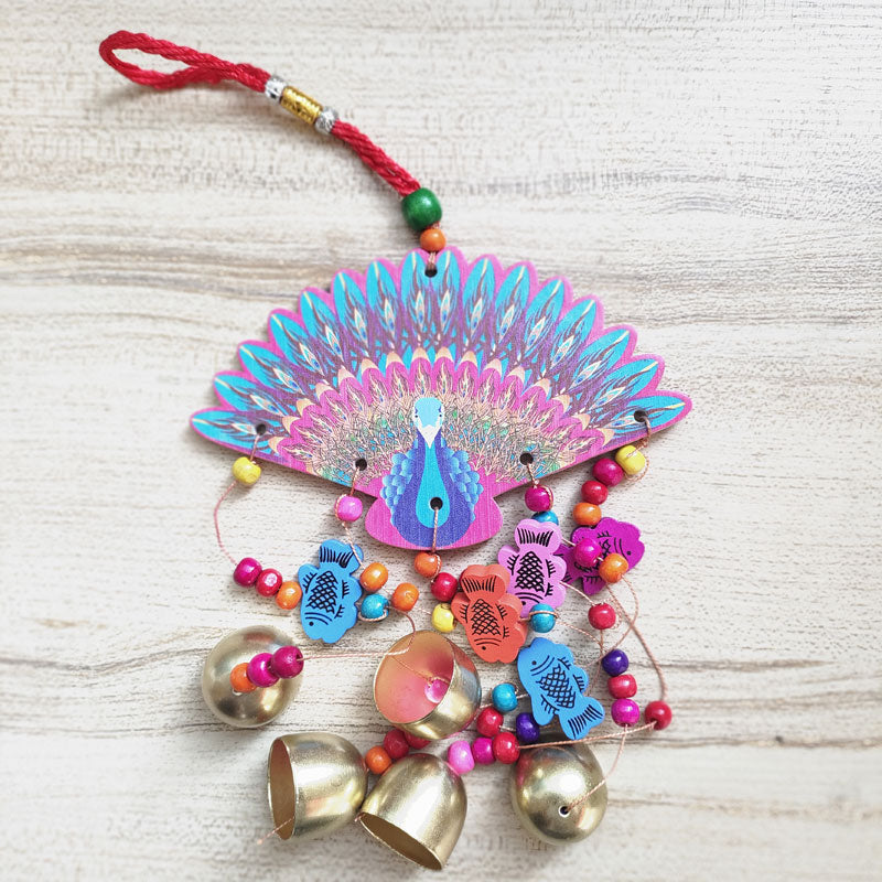 Painted Wooden Wind Chime, National Style Peacock & Owl Outdoor Wind Spinner with Bells, Home & Garden Decoration