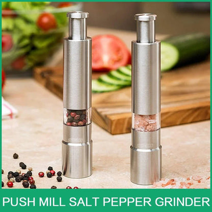 Manual Pepper Mill Salt Shaker, Novelty Thumb Push Grinder, Portable Stainless Steel Spice Mill for Barbecue and Kitchen