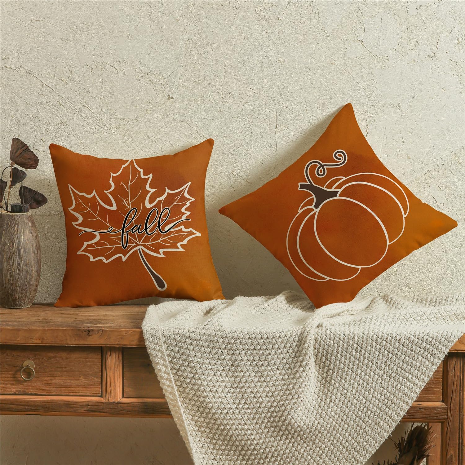 Set of 4 Fall Pillow Covers, Thanksgiving Farmhouse Decor with Maple Leaf & Pumpkin Design, Orange Throw Pillow Covers