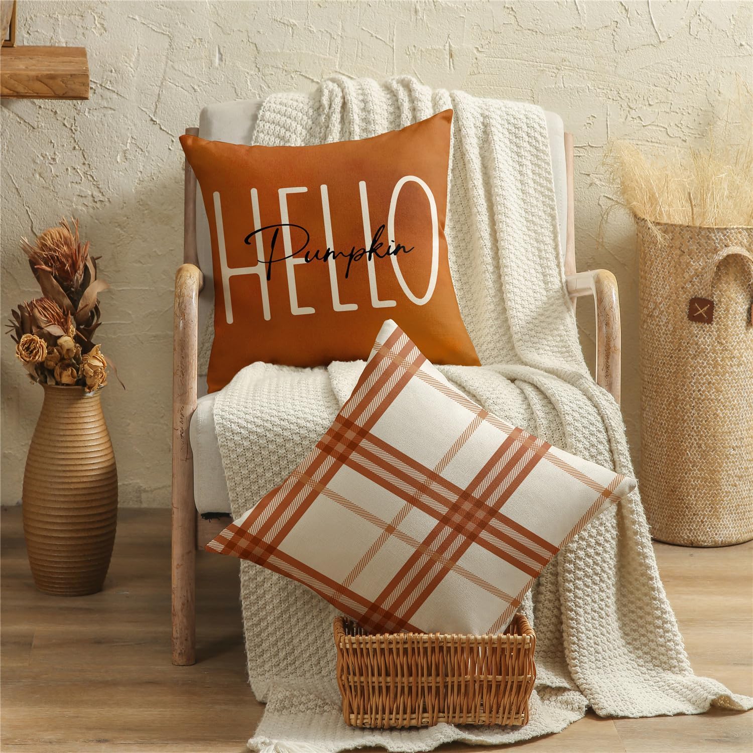 Set of 4 Fall Pillow Covers, Thanksgiving Farmhouse Decor with Maple Leaf & Pumpkin Design, Orange Throw Pillow Covers