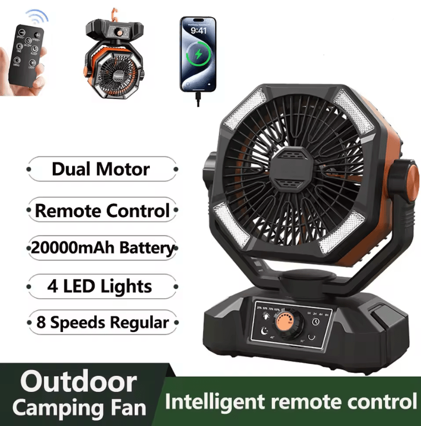 20000mAh Portable Camping Fan with LED Lantern 8 Speed Outdoor Battery Fan