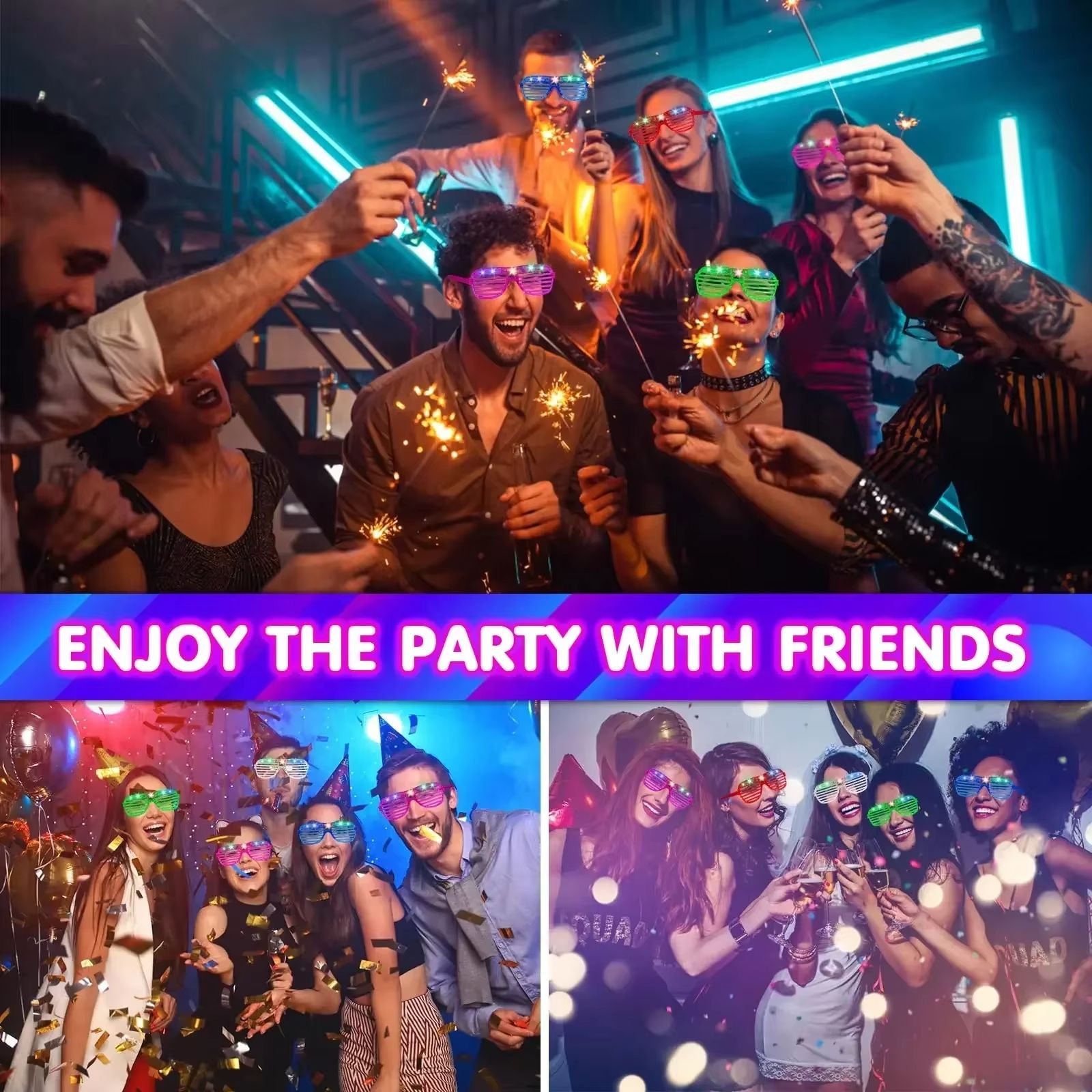 Neon LED Light Up Shutter Glasses Party Pack 3