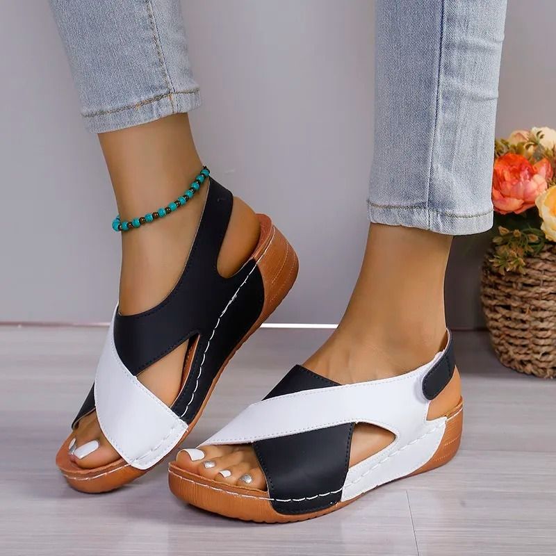 Women Contrast Color Peep Toe Platform Wedge Sandals Non Slip Summer Comfort Shoes