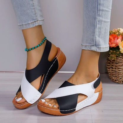 Women Contrast Color Peep Toe Platform Wedge Sandals Non Slip Summer Comfort Shoes