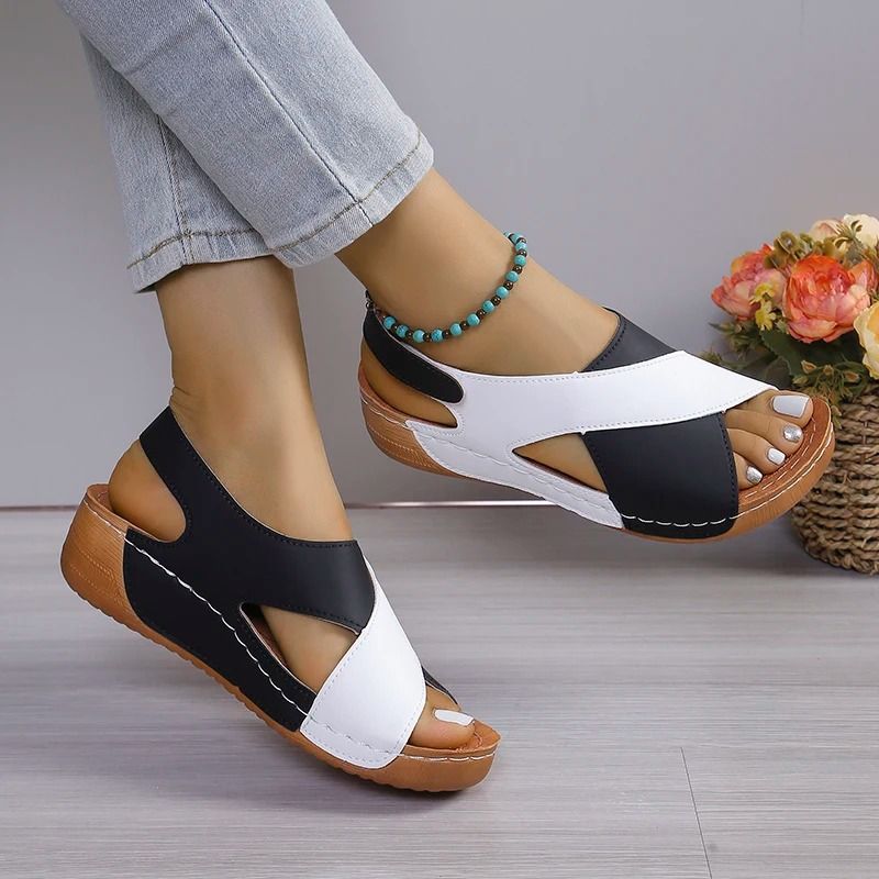 Women Contrast Color Peep Toe Platform Wedge Sandals Non Slip Summer Comfort Shoes 1